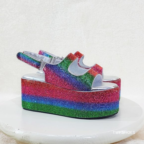 OH YEAH 3" Flatform Platform Multi-color Rhinestone Sandals Colorful Sparkle NEW